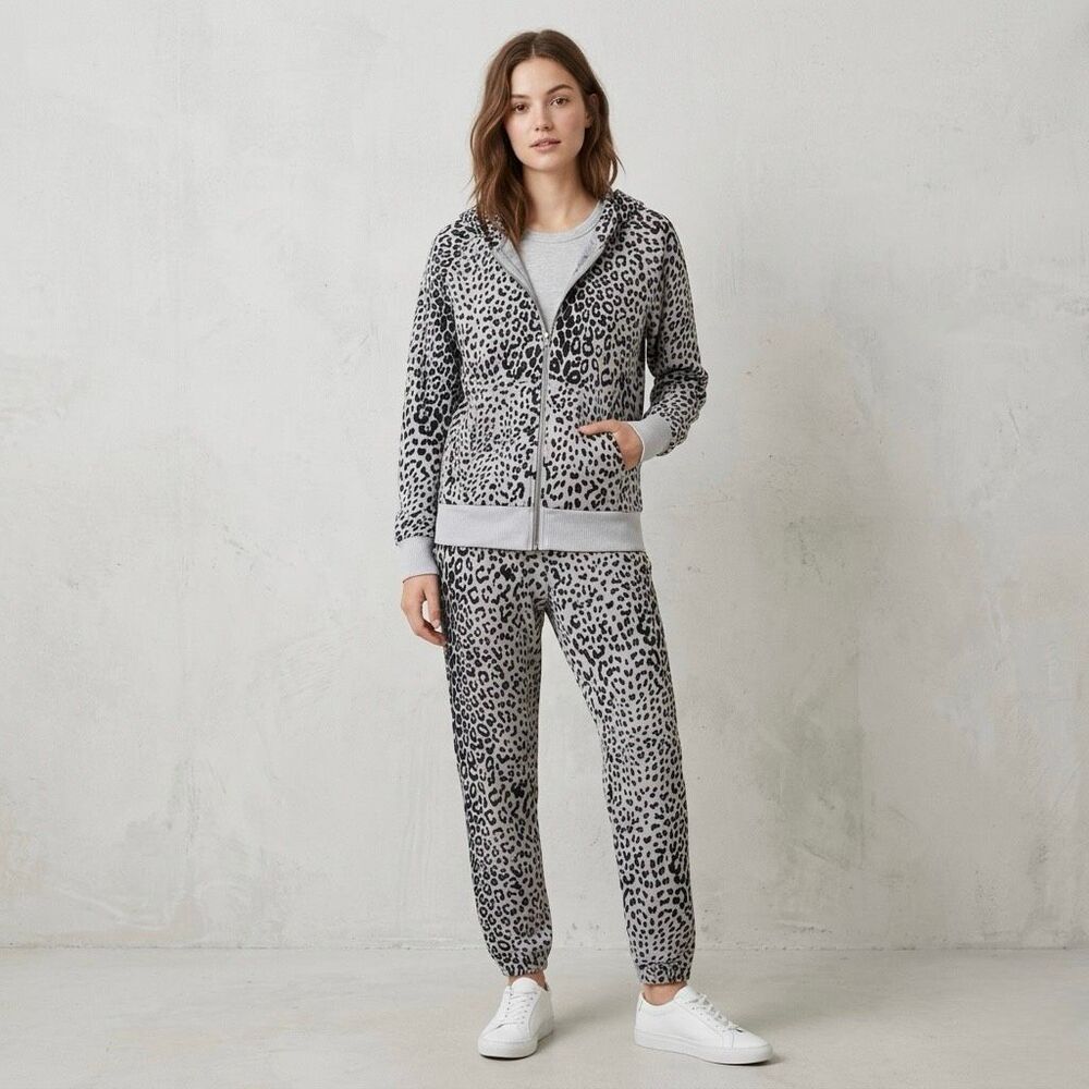 Chaser Animal Print Full Zip Hoodie & Jogger Sweatsuit Set Black Gray Small